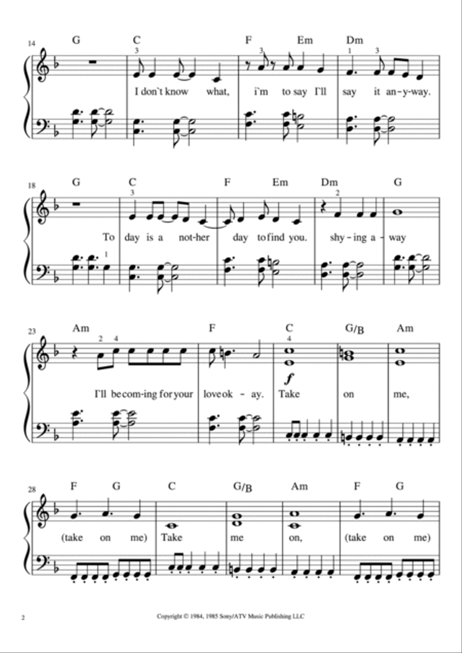 Take On Me Piano Solo scores gallery preview page 2