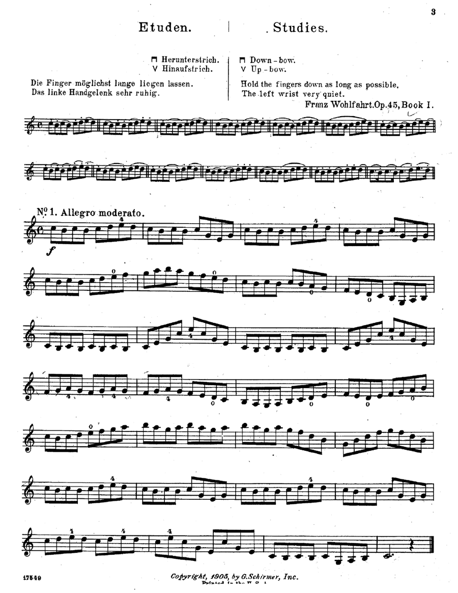 F.Wohlfahrt, Etude N.1 +14 bowing exercises, from 60 Etudes for Violin, Op.45, Book I, + mp3 life re Violin Solo scores gallery preview page 1