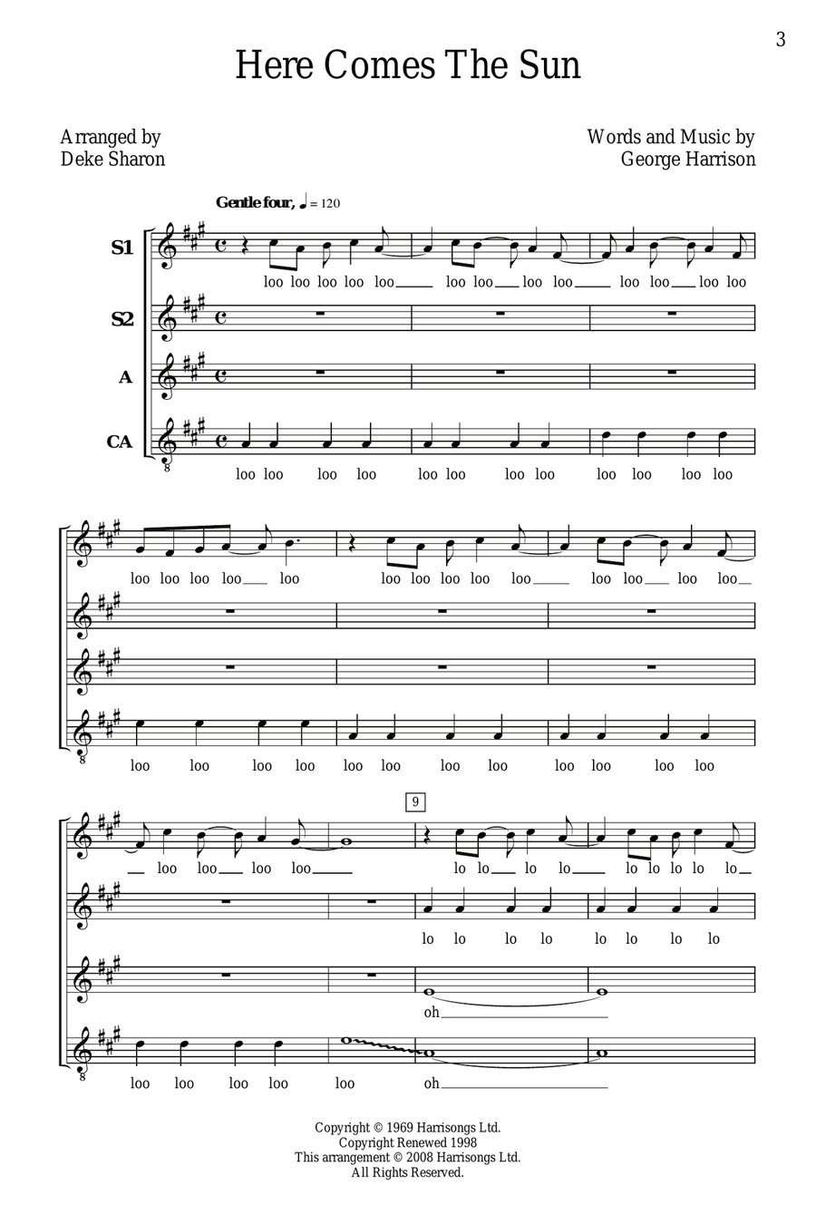 Here Comes The Sun (arr. Deke Sharon) SSA scores gallery preview page 1