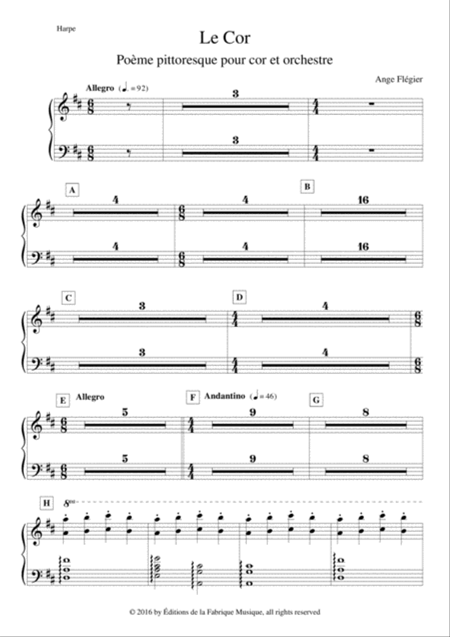 Ange Flégier: Le Cor for horn and orchestra: harp part Full Orchestra scores gallery preview page 2