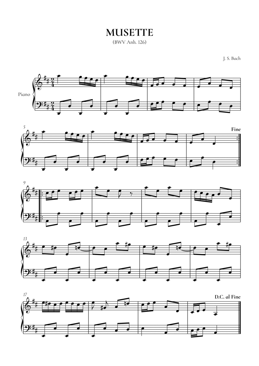 Musette in D Major, BWV Anh. 126 (Notebook for Anna Magdalena Bach) - Very easy/beginner piano Easy Piano scores gallery preview page 1