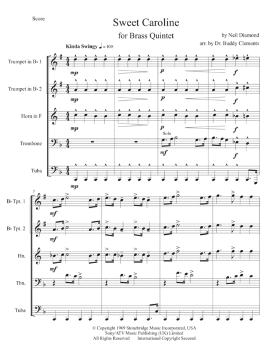 Sweet Caroline Sweet Caroline Brass Ensemble scores gallery preview page 1