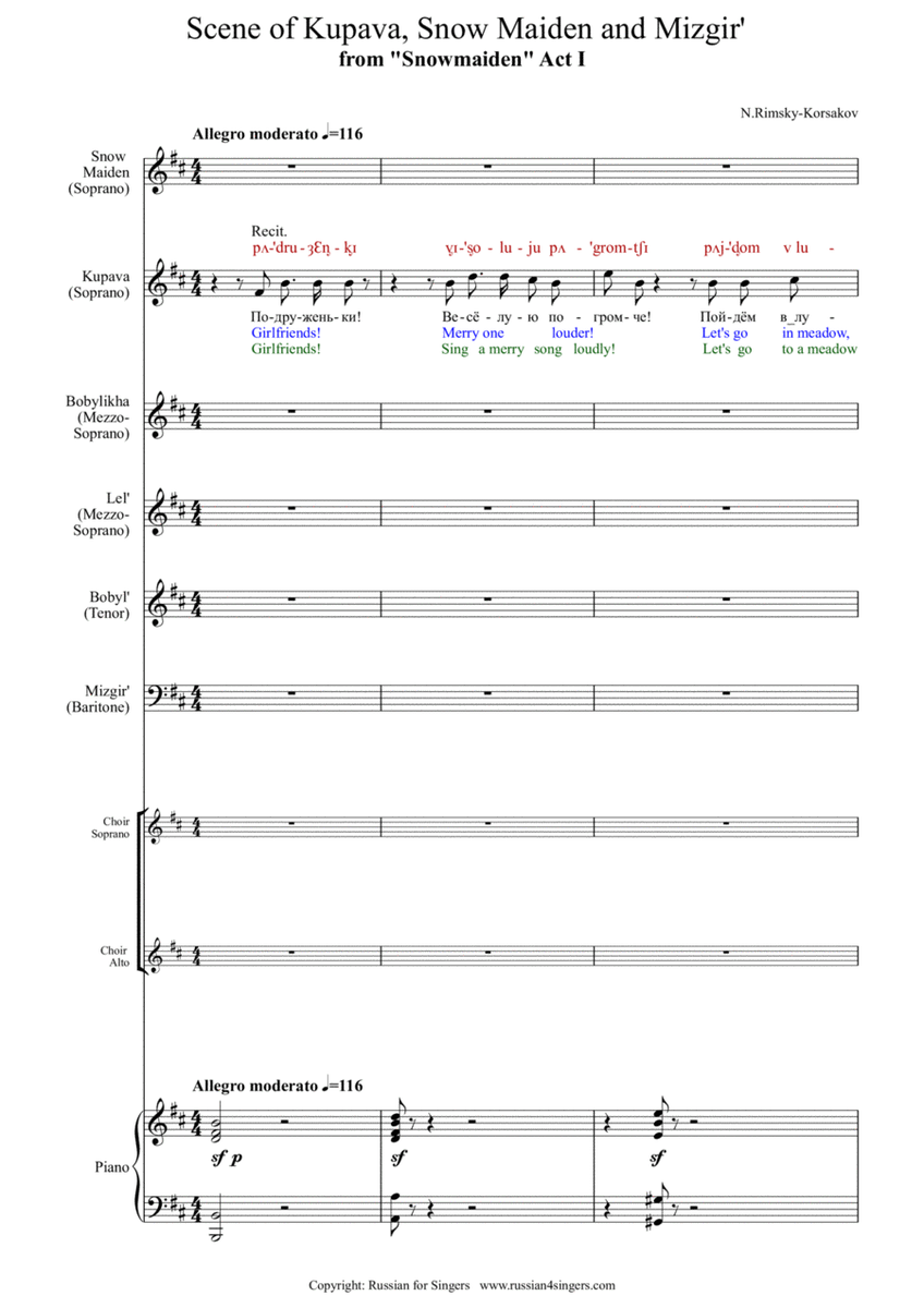 "Snowmaiden": Scene of Kupava, Snow Maiden and Mizgir' Act I DICTION SCORE w IPA & translation