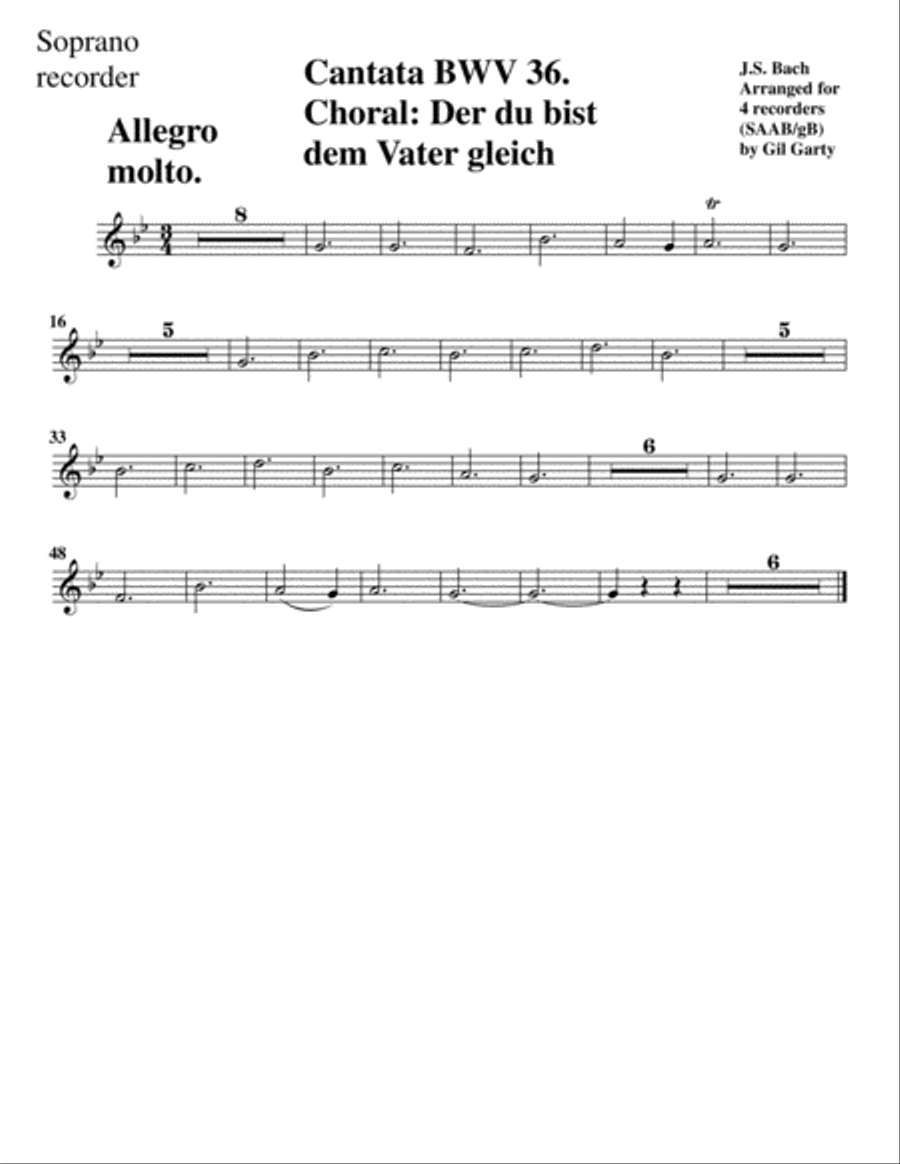 Choral: Der du bist dem Vater gleich from cantata BWV 36 (Arrangement for 4 recorders) image number null