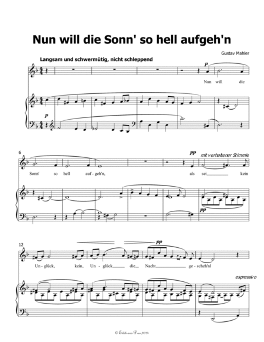 Nun will die Sonn so hell aufgehn, by Mahler, in d minor Piano, Vocal scores gallery preview page 3