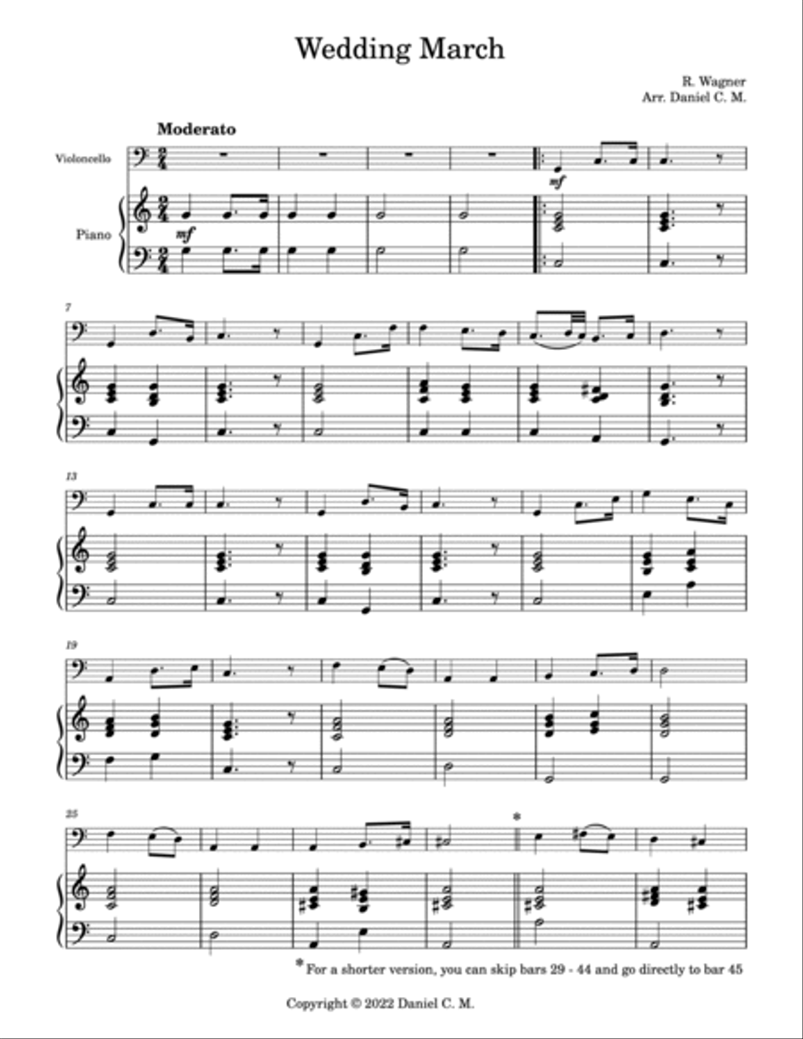 Wedding March by Wagner for cello (easy) Piano scores gallery preview page 2