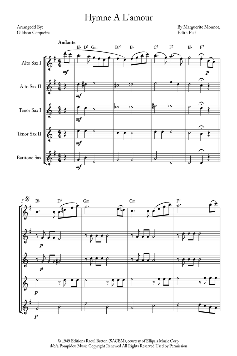 Hymne A L'amour Saxophone Quintet scores gallery preview page 1