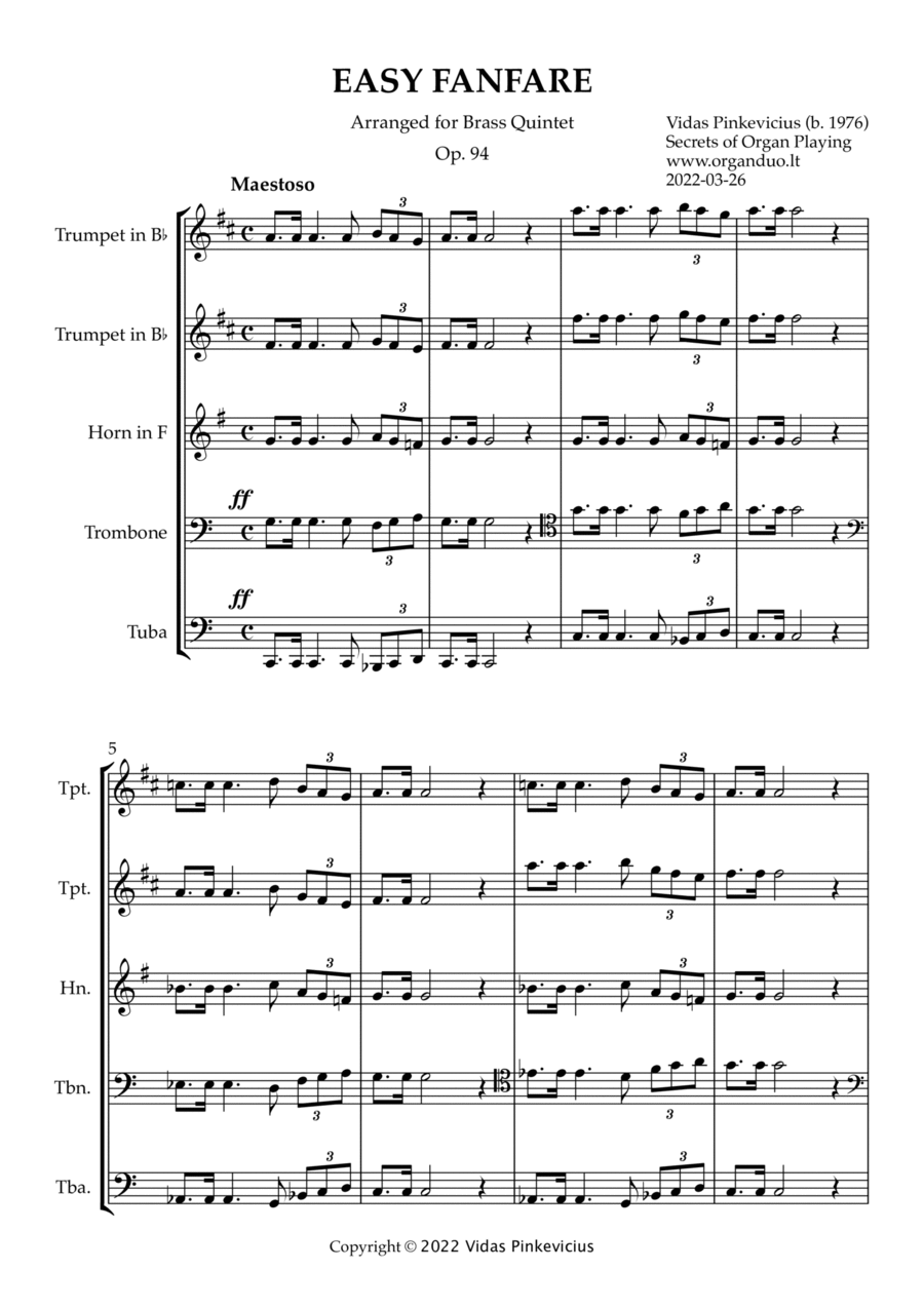 Easy Fanfare, Op. 94 (Brass Quintet) by Vidas Pinkevicius (2022) Brass Quintet scores gallery preview page 1
