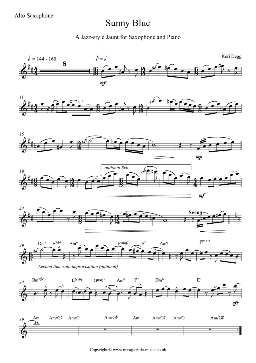 Sunny Blue - A Jazz Style Jaunt for Eb or Bb Saxophone and Piano (improvisation optional, or use sol Alto Saxophone scores gallery preview page 1