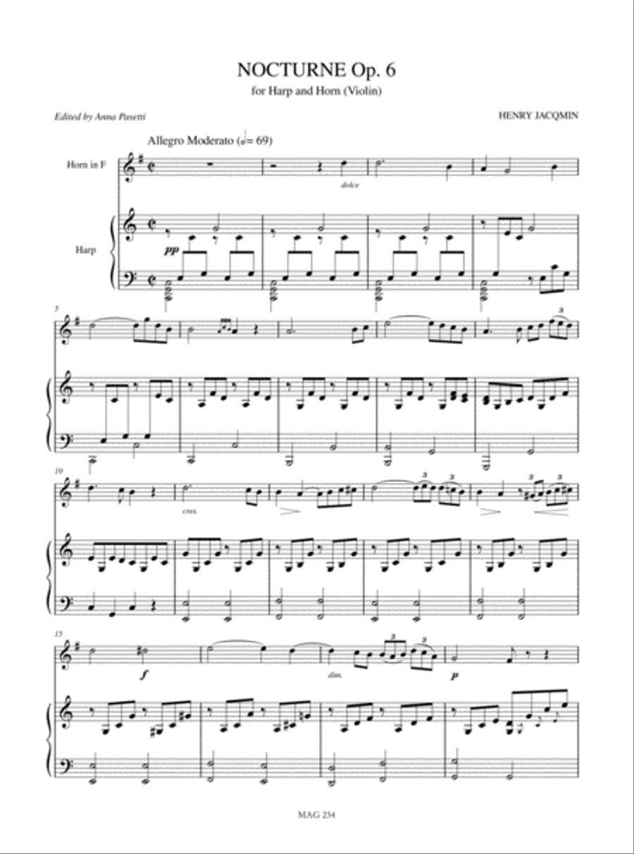 Nocturne Op. 6 for Harp and Horn (Violin) Horn scores gallery preview page 2