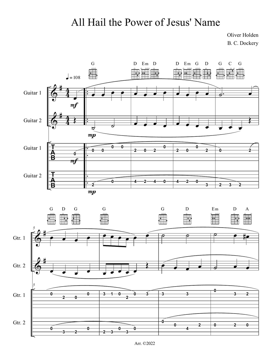 All Hail the Power of Jesus' Name (Guitar Duet or Trio with TAB) by Oliver Holden Guitar Ensemble - Digital Sheet Music