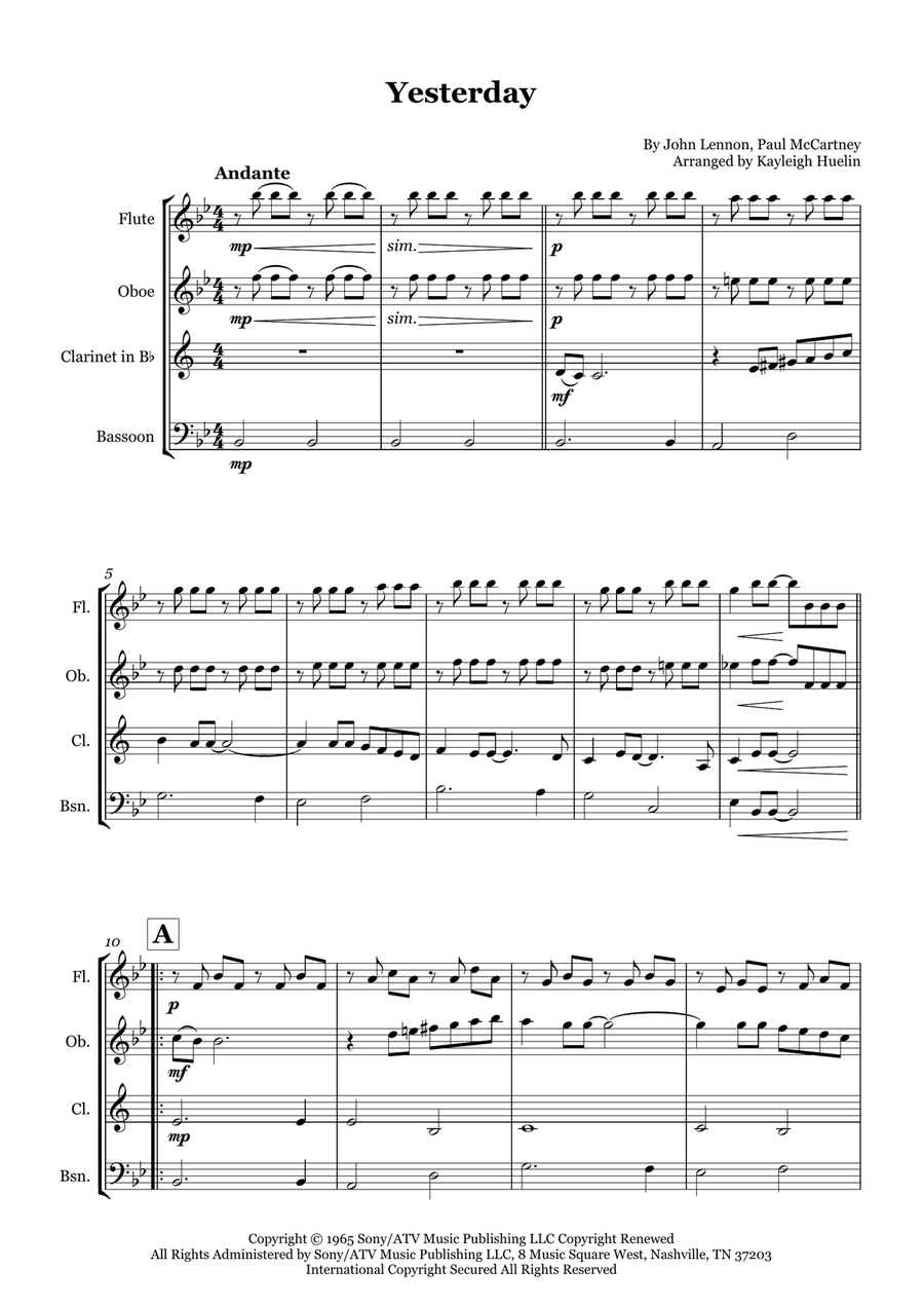 Yesterday Woodwind Quartet scores gallery preview page 1