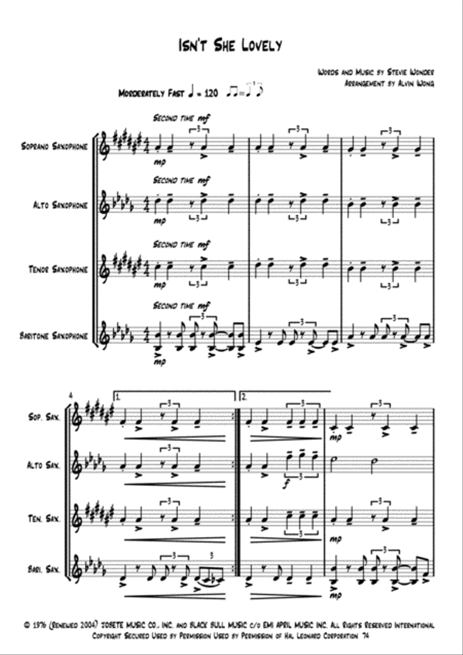 Isn't She Lovely Saxophone Quartet scores gallery preview page 2