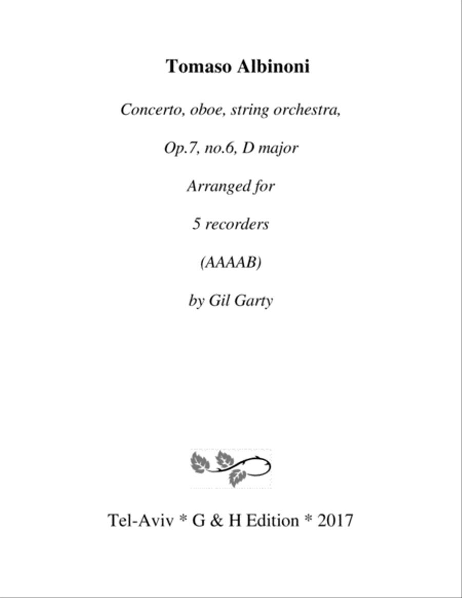 Concerto, oboe, string orchestra, Op.7, no.6 (Arrangement for 5 recorders) String Orchestra scores gallery preview page 1