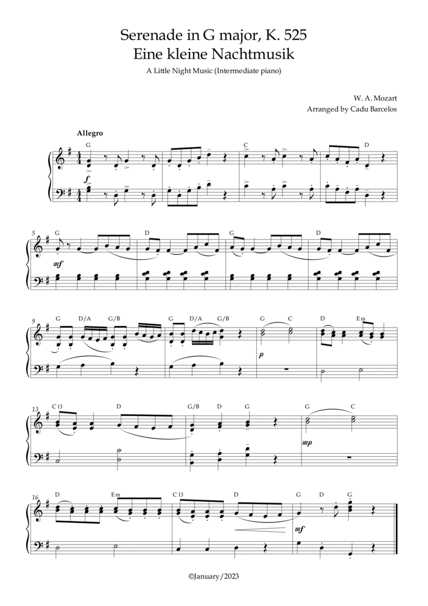 Serenade in G major, K. 525 / Eine kleine Nachtmusik /A Little Night Music - Intermed. Piano CHORDS image number null