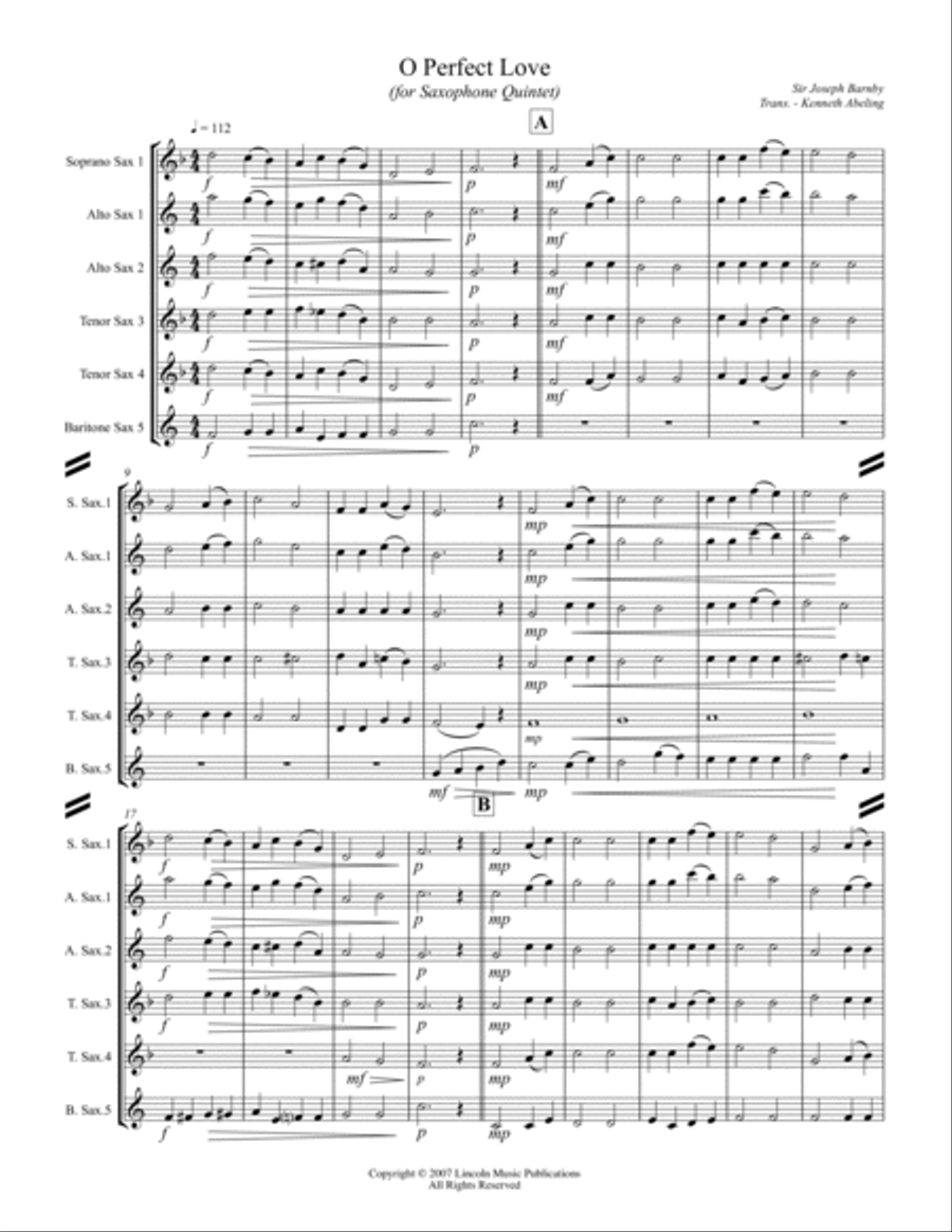 Barnby - O Perfect Love (for Saxophone Quintet SATTB or AATTB) Saxophone Quintet scores gallery preview page 2