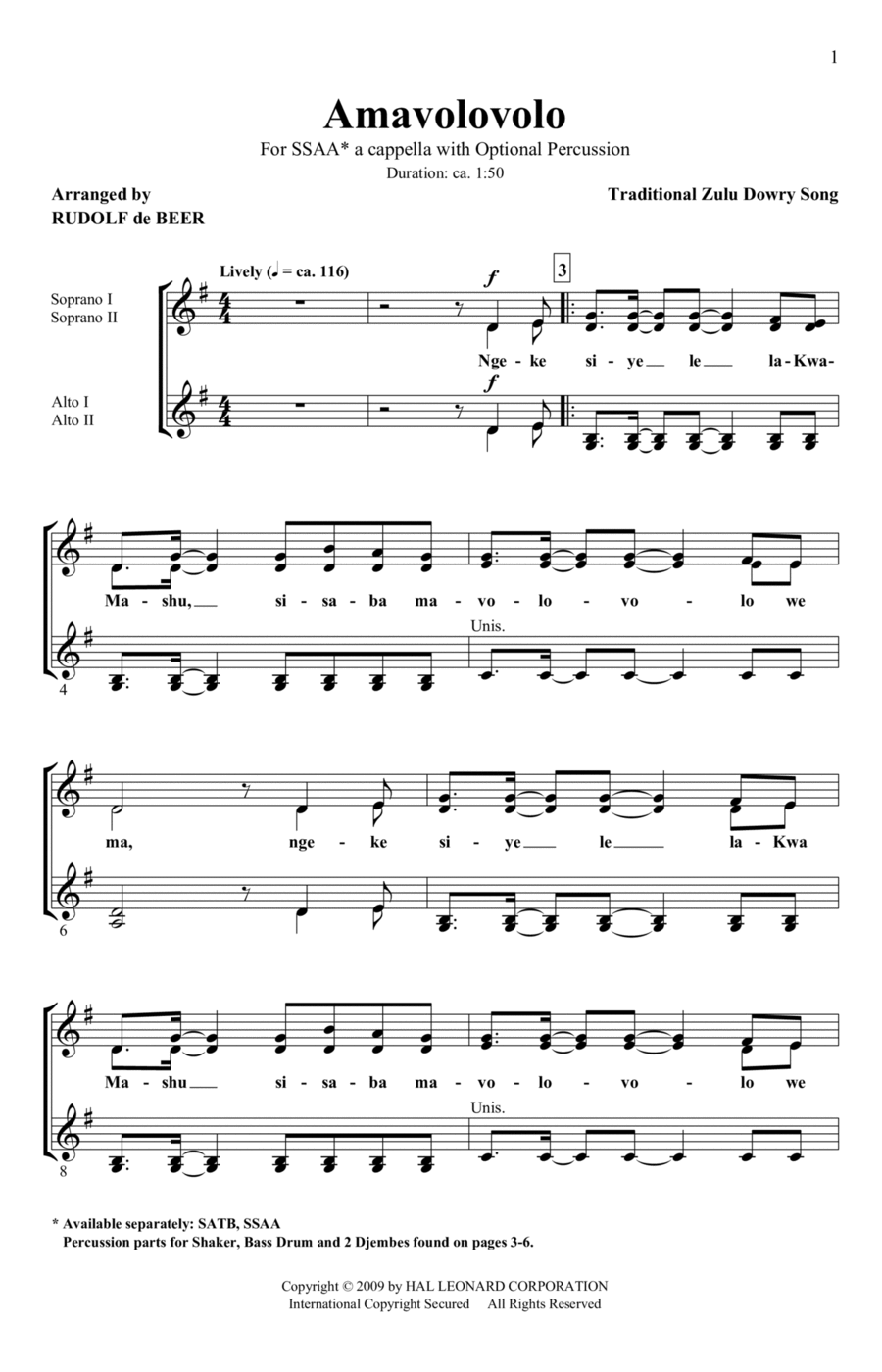 Amavolovolo (arr. Rudolf de Beer)