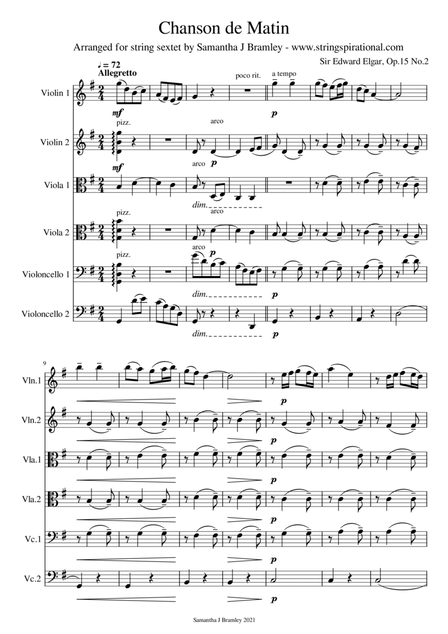 Chanson de Matin by SIr Edward Elgar (for string sextet) Set of Parts scores gallery preview page 1
