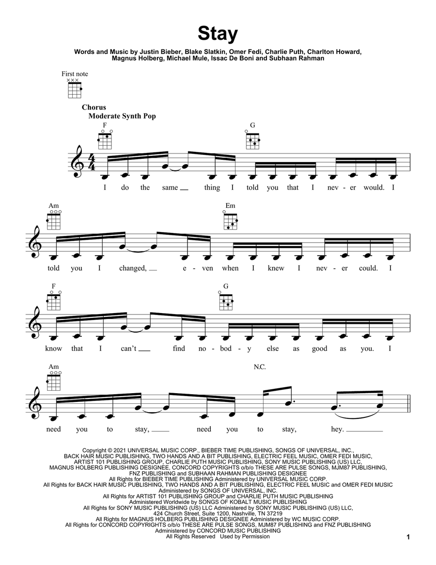 Stay (feat. Justin Bieber) Ukulele scores gallery preview page 1