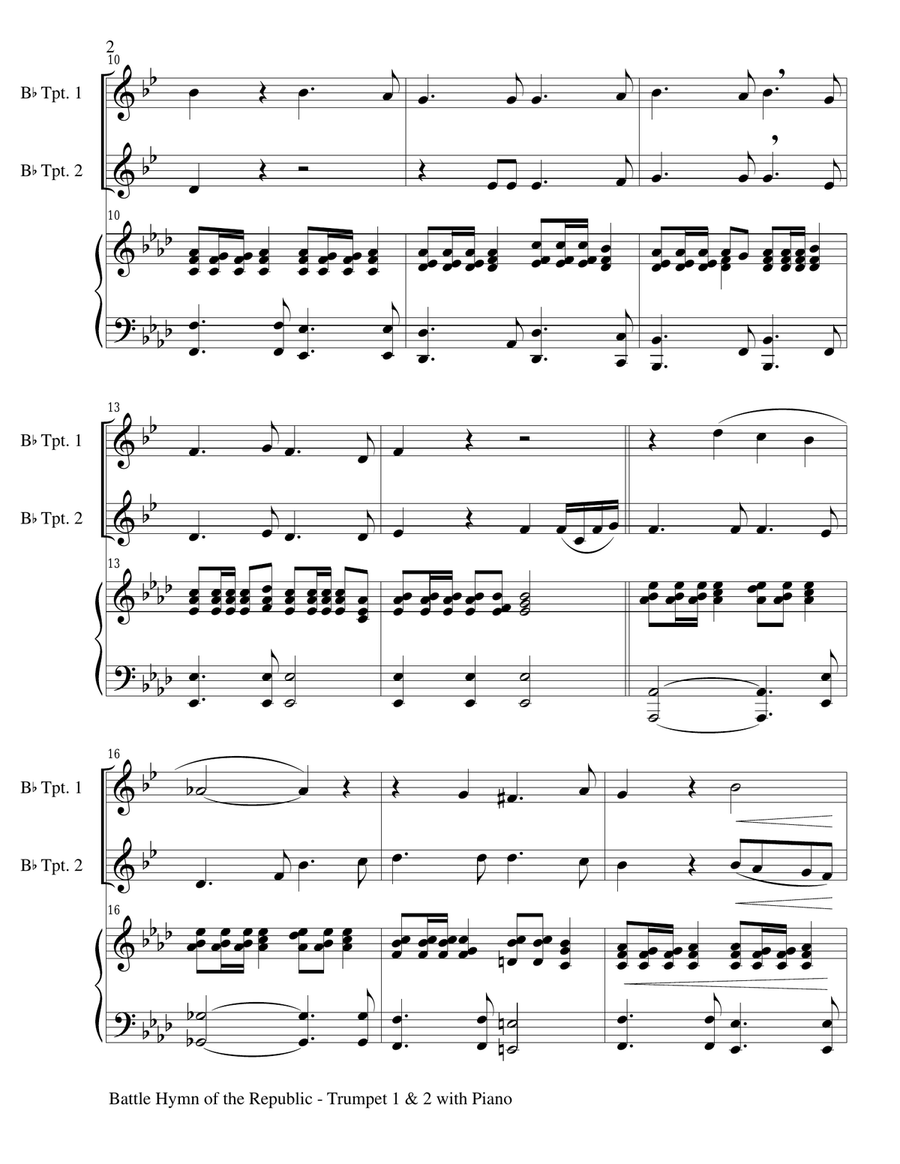 BATTLE HYMN OF THE REPUBLIC (Trio– Bb Trumpet1, Bb Trumpet 2 with Piano/Score and Parts) Trumpet Duet scores gallery preview page 2