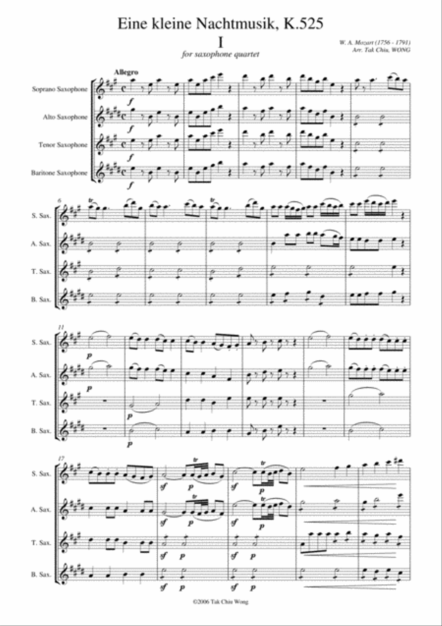 Eine Kleine Nachtmusik arranged for Saxophone Quartet Saxophone Quartet scores gallery preview page 2