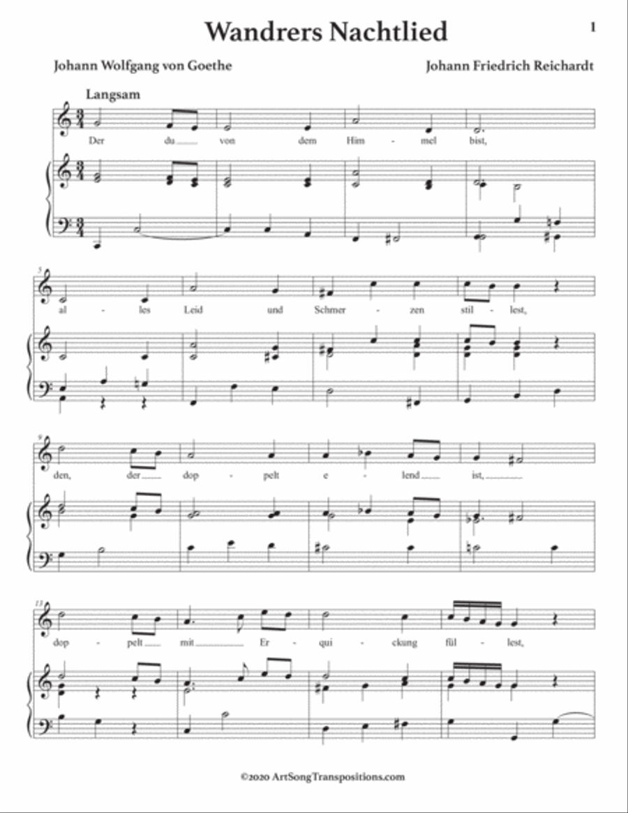 REICHARDT: Wandrers Nachtlied (transposed to C major) Voice scores gallery preview page 2