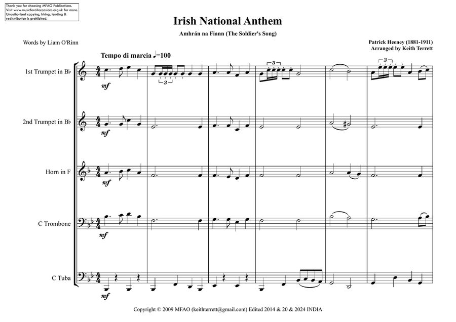 Irish National Anthem ( Amhrán na bhFiann) for Brass Quintet (World National Anthem Series) Brass Quintet scores gallery preview page 2