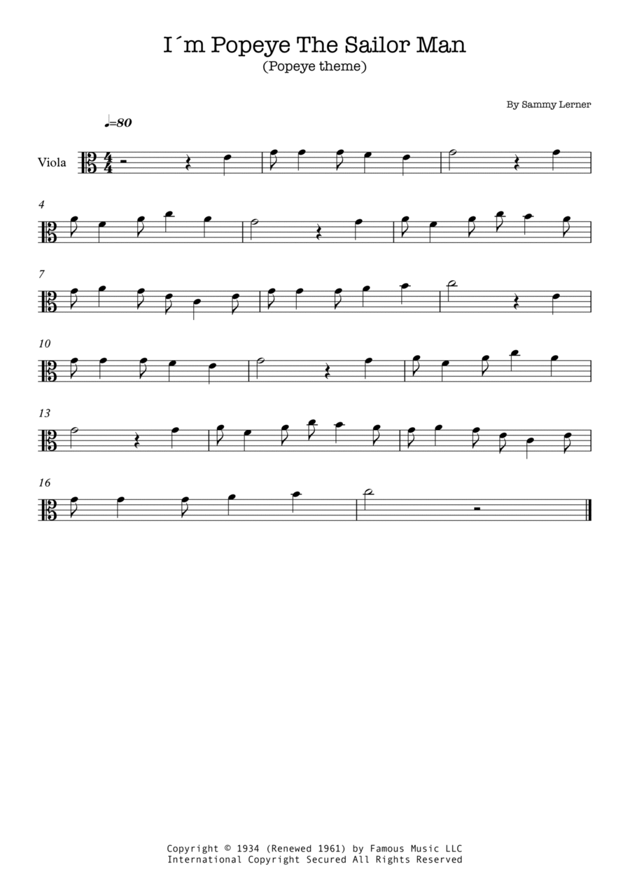 I'm Popeye The Sailor Man Viola Solo scores gallery preview page 1