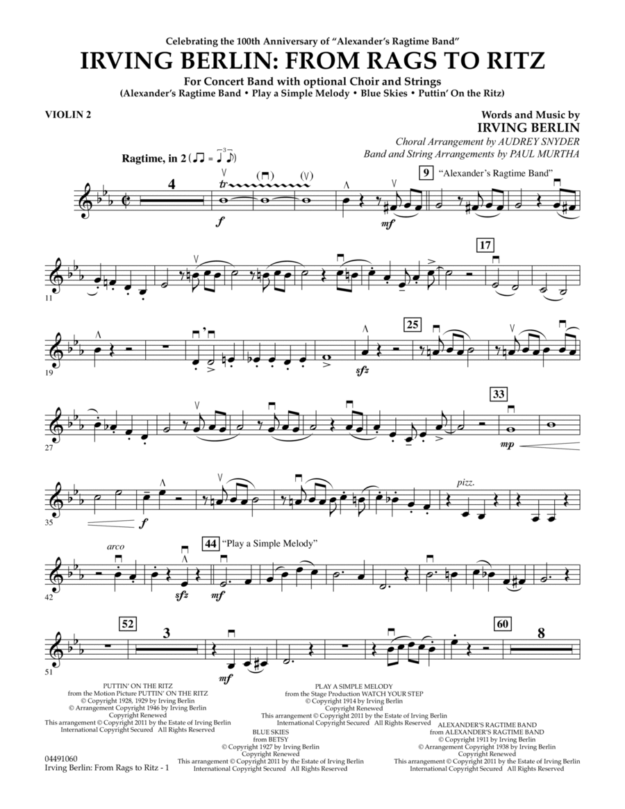Irving Berlin: From Rags To Ritz - Violin 2 Orchestra scores gallery preview page 1