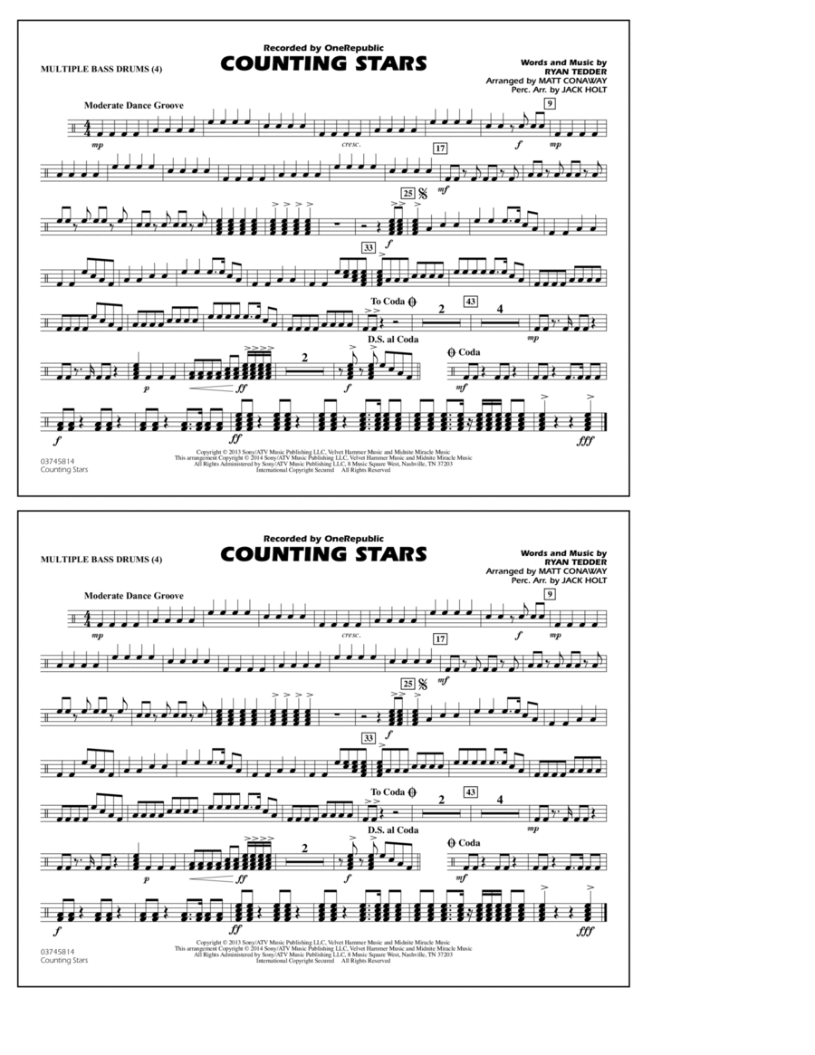 Counting Stars - Multiple Bass Drums Marching Band scores gallery preview page 1