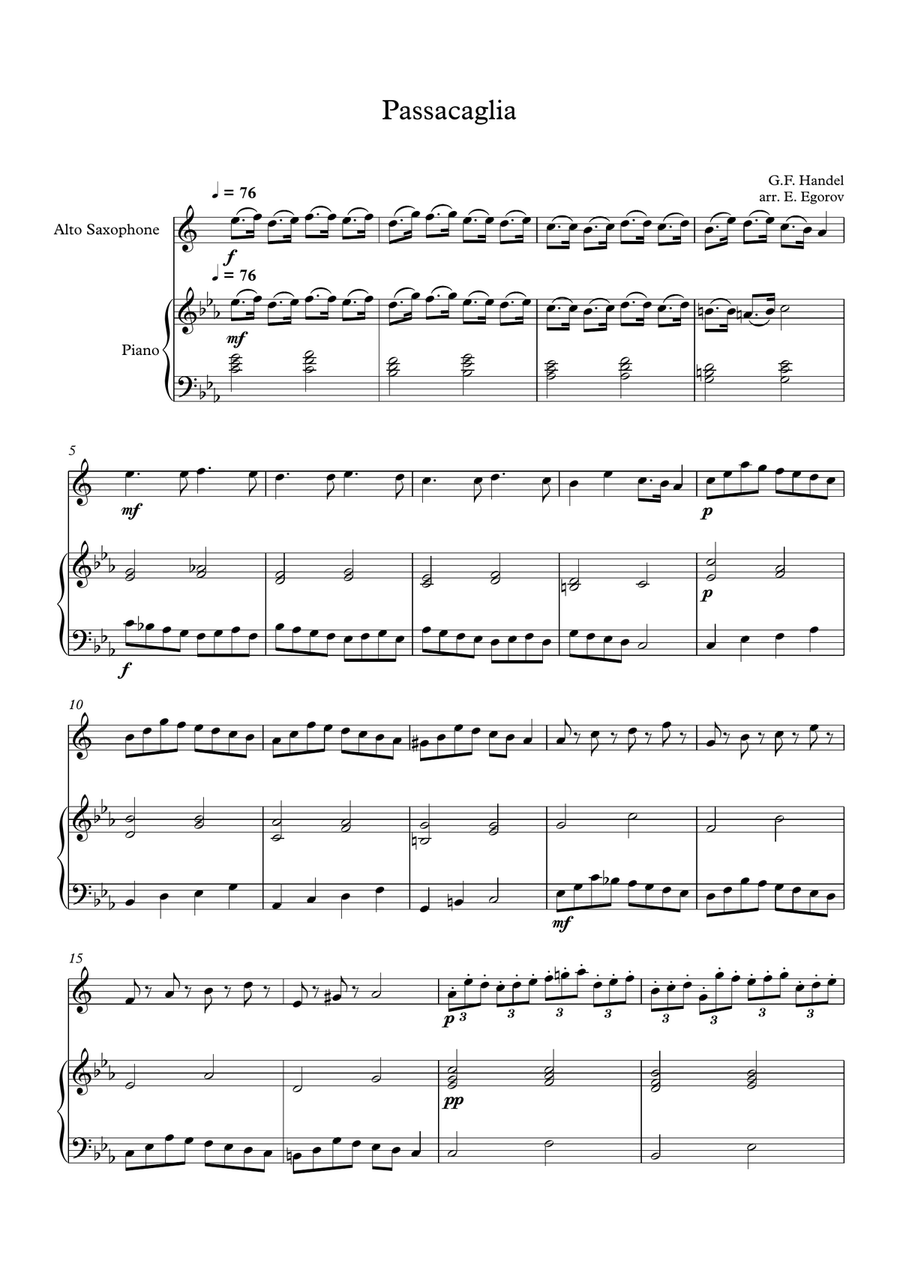 Passacaglia, Handel-Halvorsen, For Alto Saxophone & Piano Alto Saxophone scores gallery preview page 1