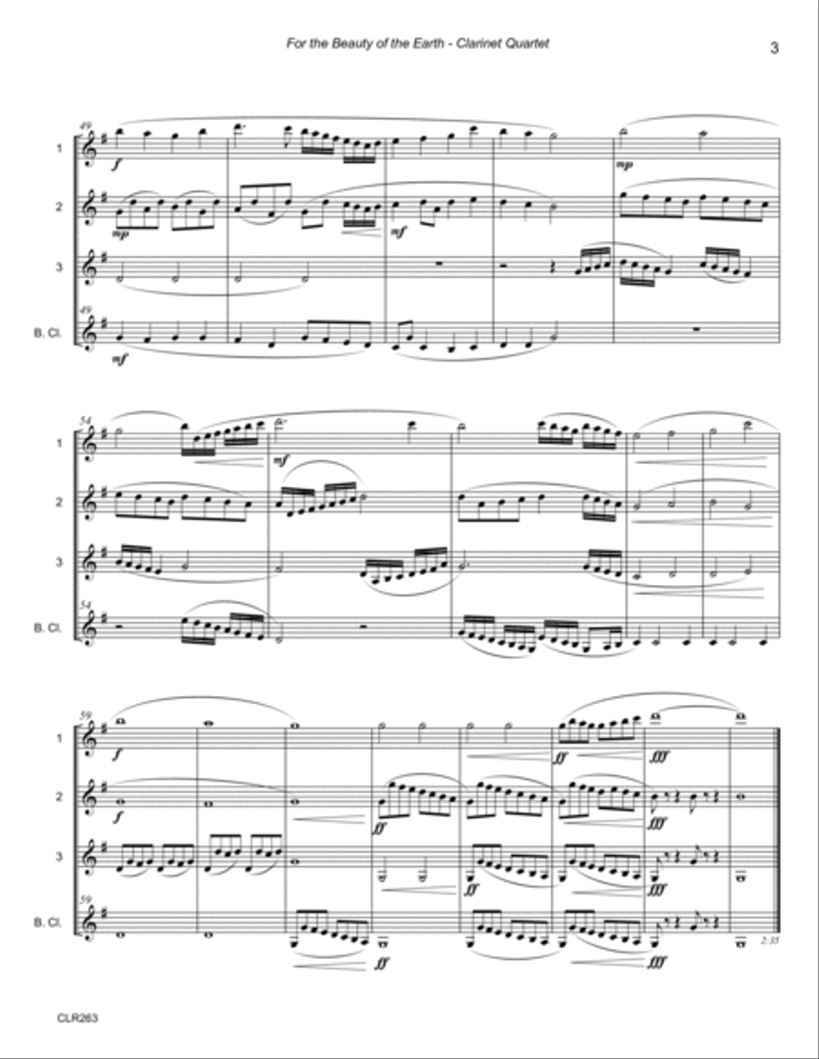 FOR THE BEAUTY OF THE EARTH - SSSB or SSSS CLARINET QUARTET Clarinet Quartet scores gallery preview page 3