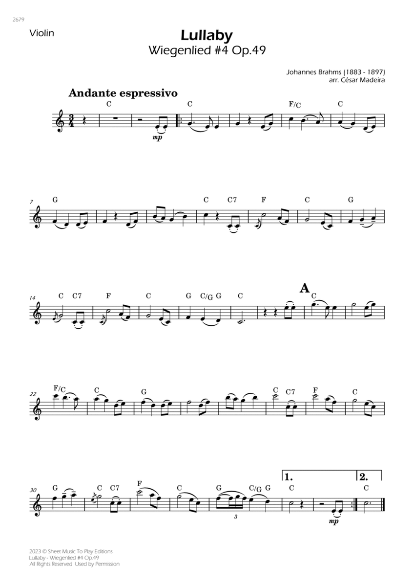 Brahms' Lullaby - Violin Solo - W/Chords image number null