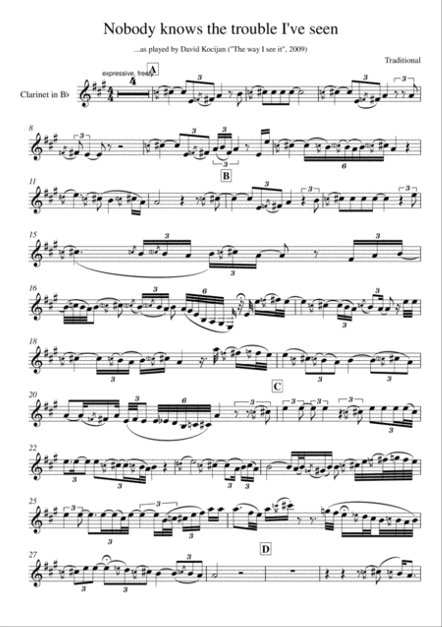 Nobody knows the trouble I've seen (clarinet in Bb) B-Flat Clarinet scores gallery preview page 1