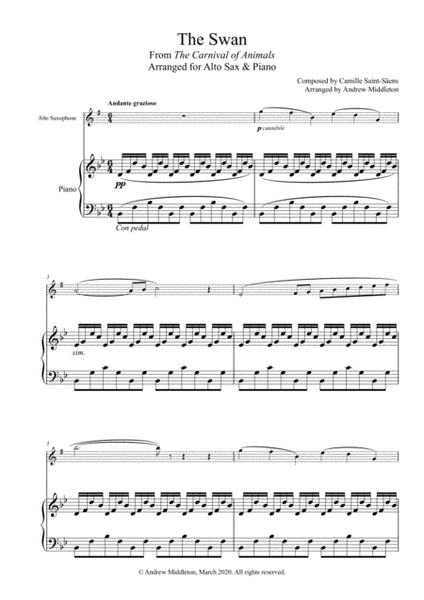The Swan from The Carnival of Animals arranged for Alto Saxophone and Piano image number null