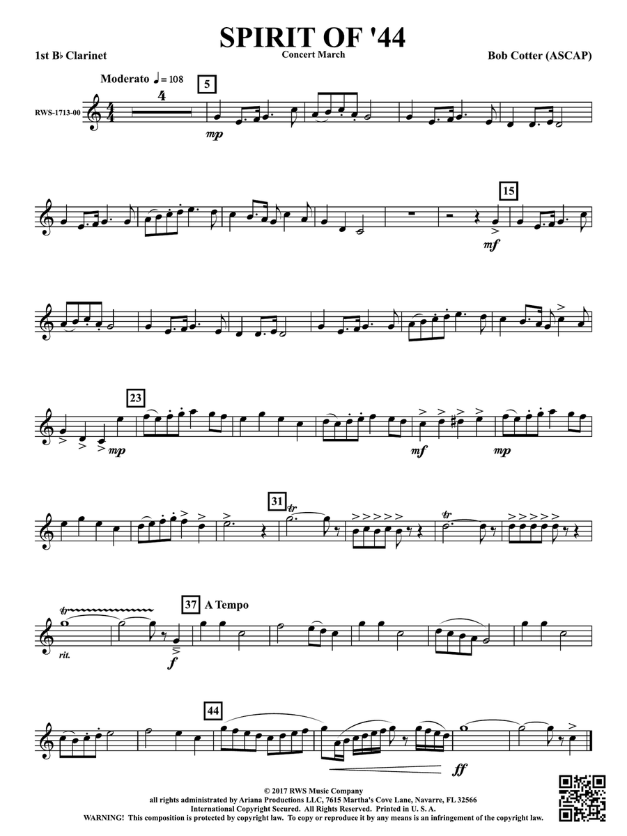 Spirit Of '44 - Concert March: 1st B-flat Clarinet B-Flat Clarinet scores gallery preview page 1