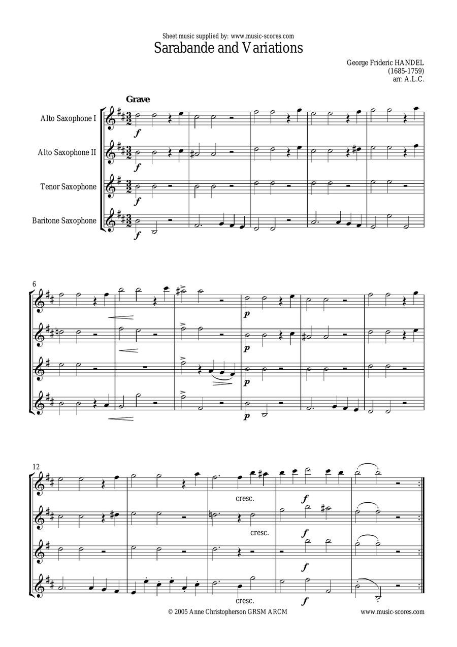 Sarabande - Sax Quartet - D minor Saxophone Quartet scores gallery preview page 1