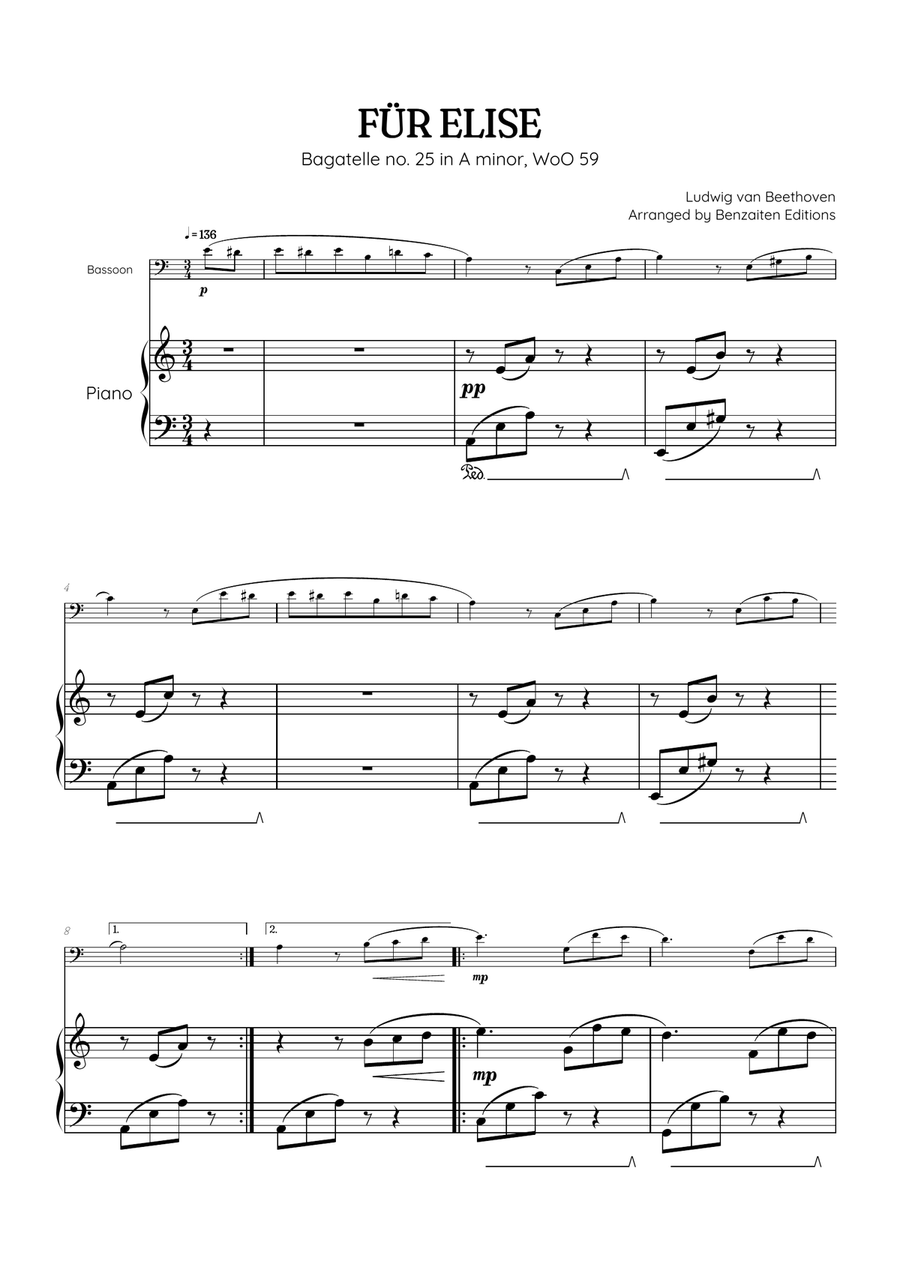 Beethoven • Für Elise / Pour Elise • bassoon & piano sheet music Bassoon Solo scores gallery preview page 1