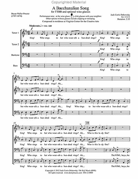 A Bacchanalian Song (TTBB) by Jack Curtis Dubowsky TTBB - Sheet Music