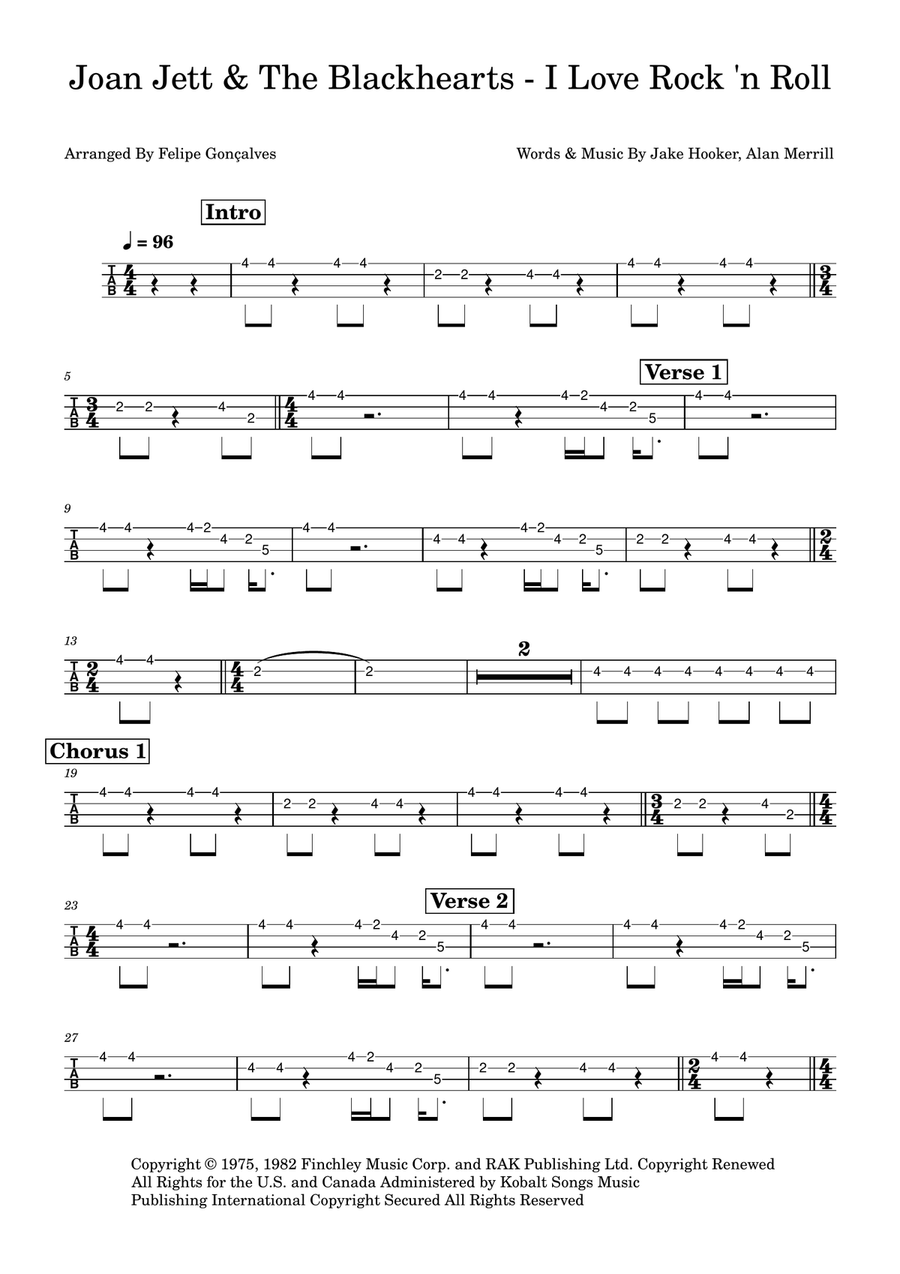 I Love Rock 'n Roll I Love Rock 'n Roll Bass Guitar Tablature scores gallery preview page 1