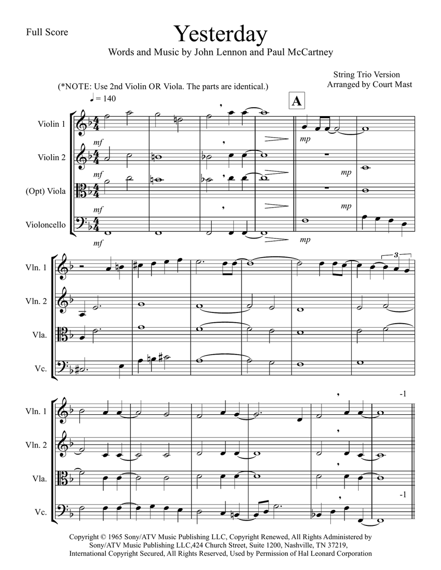 Yesterday String Trio scores gallery preview page 1