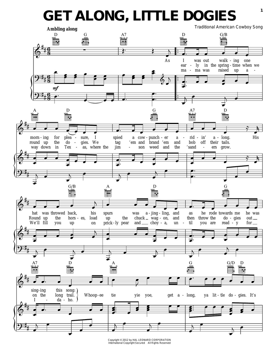 Get Along, Little Dogies Piano, Vocal, Guitar scores gallery preview page 1