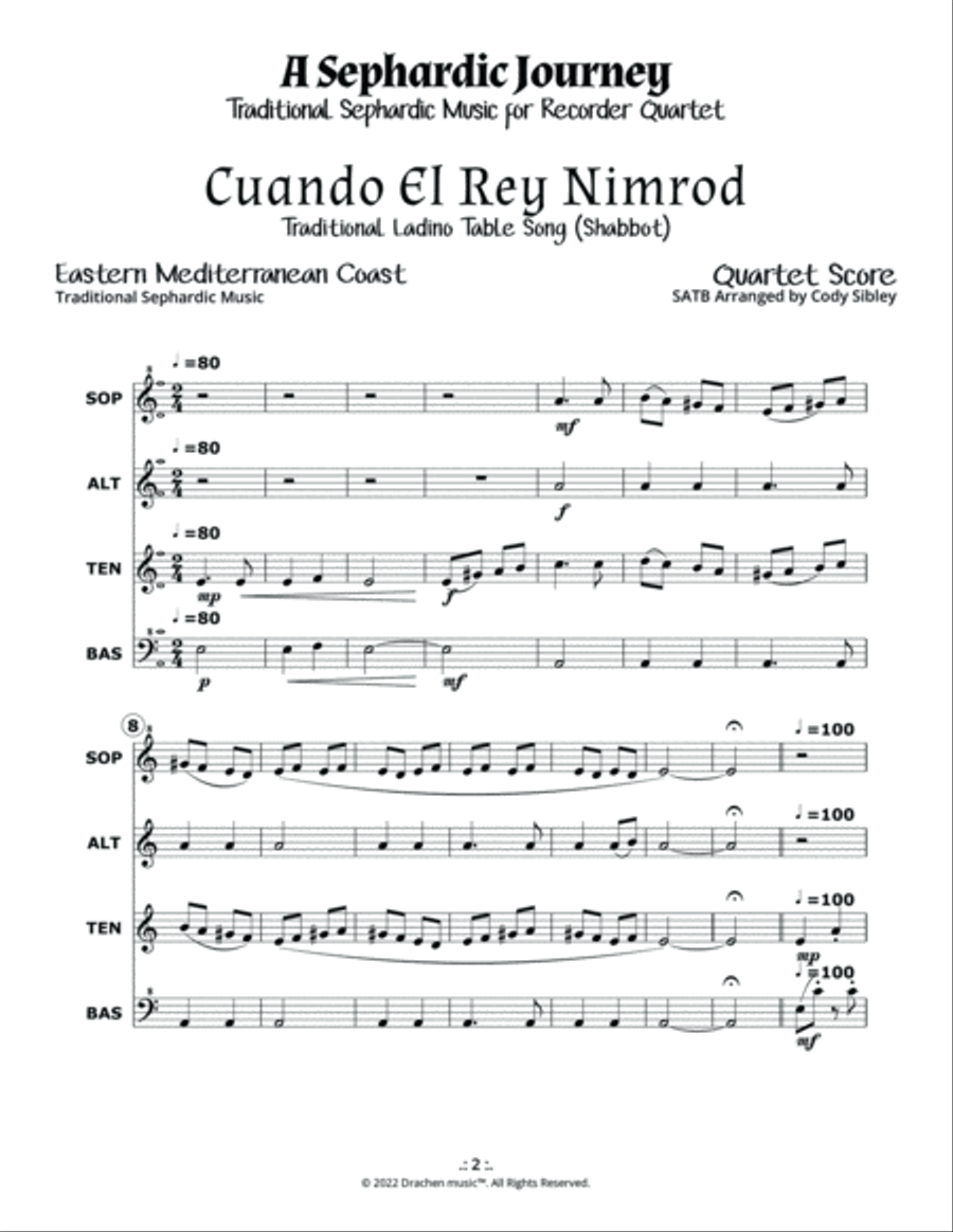 A Sephardic Journey: Cuando El Rey Nimrod - Traditional Ladino Table Song for Recorder Quartet Soprano Recorder scores gallery preview page 5