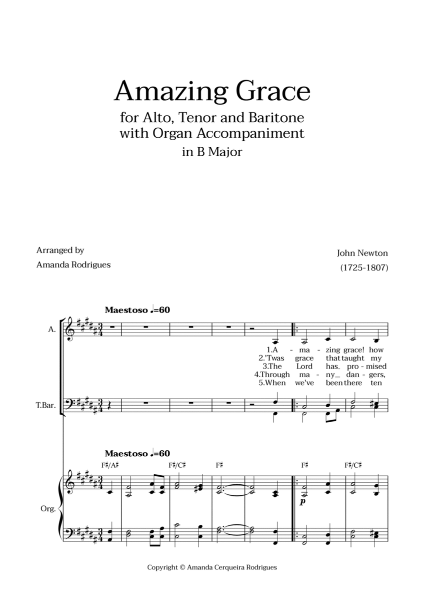 Amazing Grace in B Major - Alto, Tenor and Baritone with Organ Accompaniment and Chords image number null