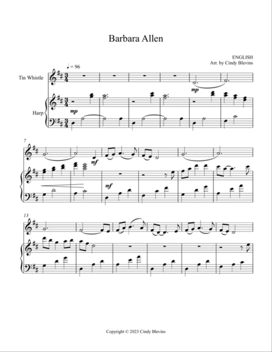 Barbara Allen, Harp and Tin Whistle (D) Harp scores gallery preview page 2