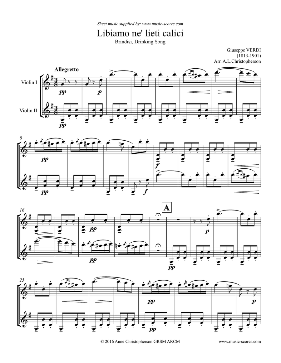Verdi: Libiamo ne lieti calici - Brindisi from La Traviata - 2 Violins String Duet scores gallery preview page 1