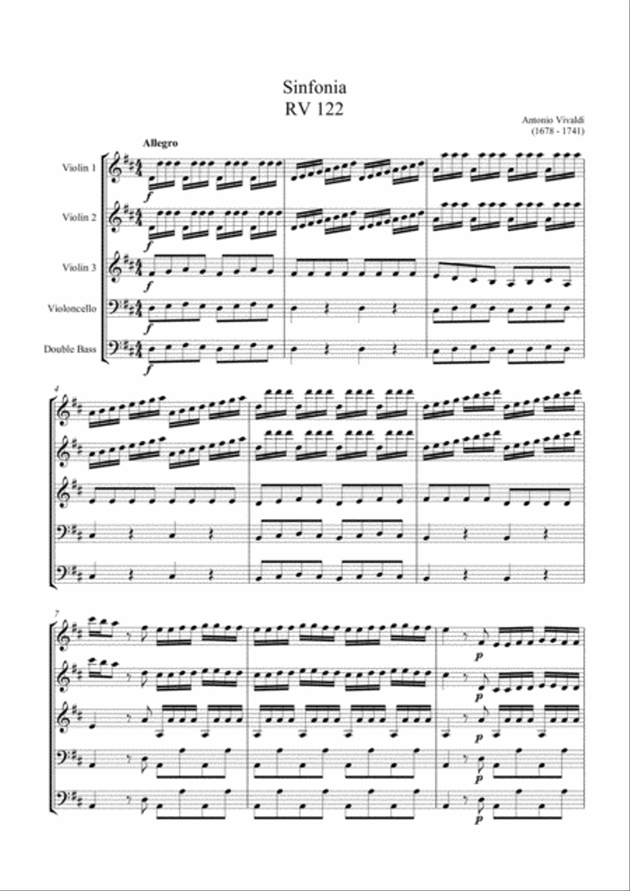 Vivaldi Sinfonia RV122 for String Orchestra without violas String Orchestra scores gallery preview page 1