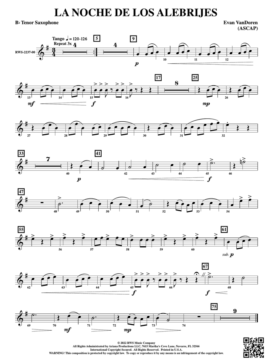 La Noche de los Alebrijes: B-flat Tenor Saxophone Tenor Saxophone scores gallery preview page 1