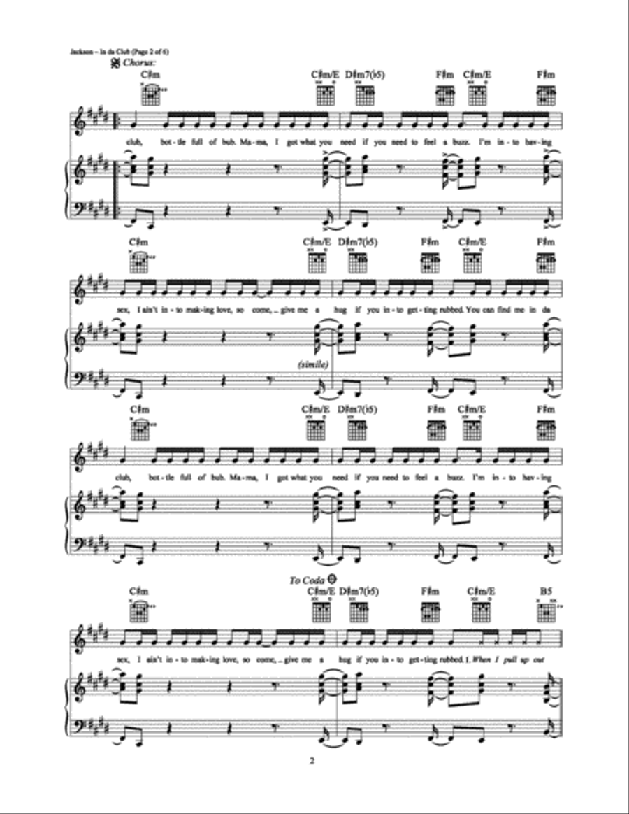 In da Club Piano, Vocal, Guitar scores gallery preview page 2