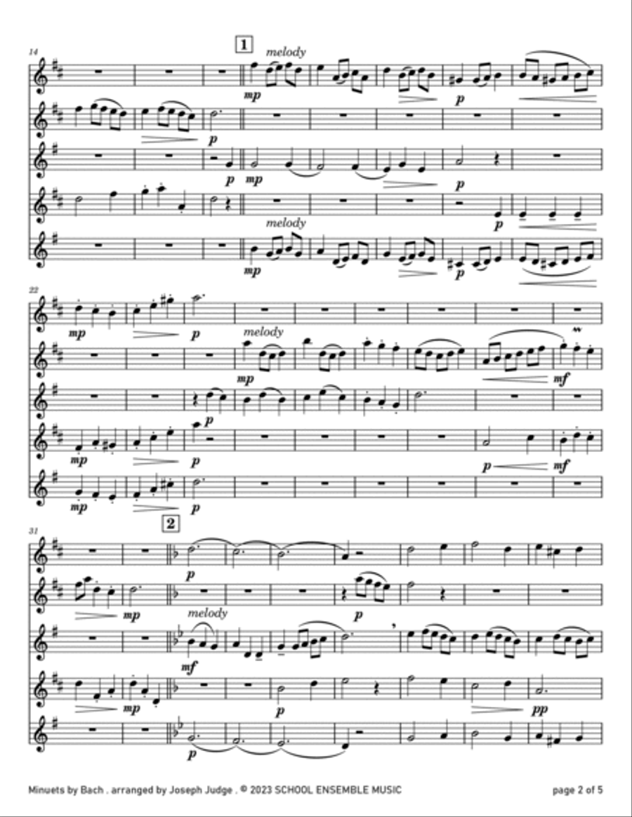 Minuets by Bach for Saxophone Quartet in Schools Saxophone Quartet scores gallery preview page 2